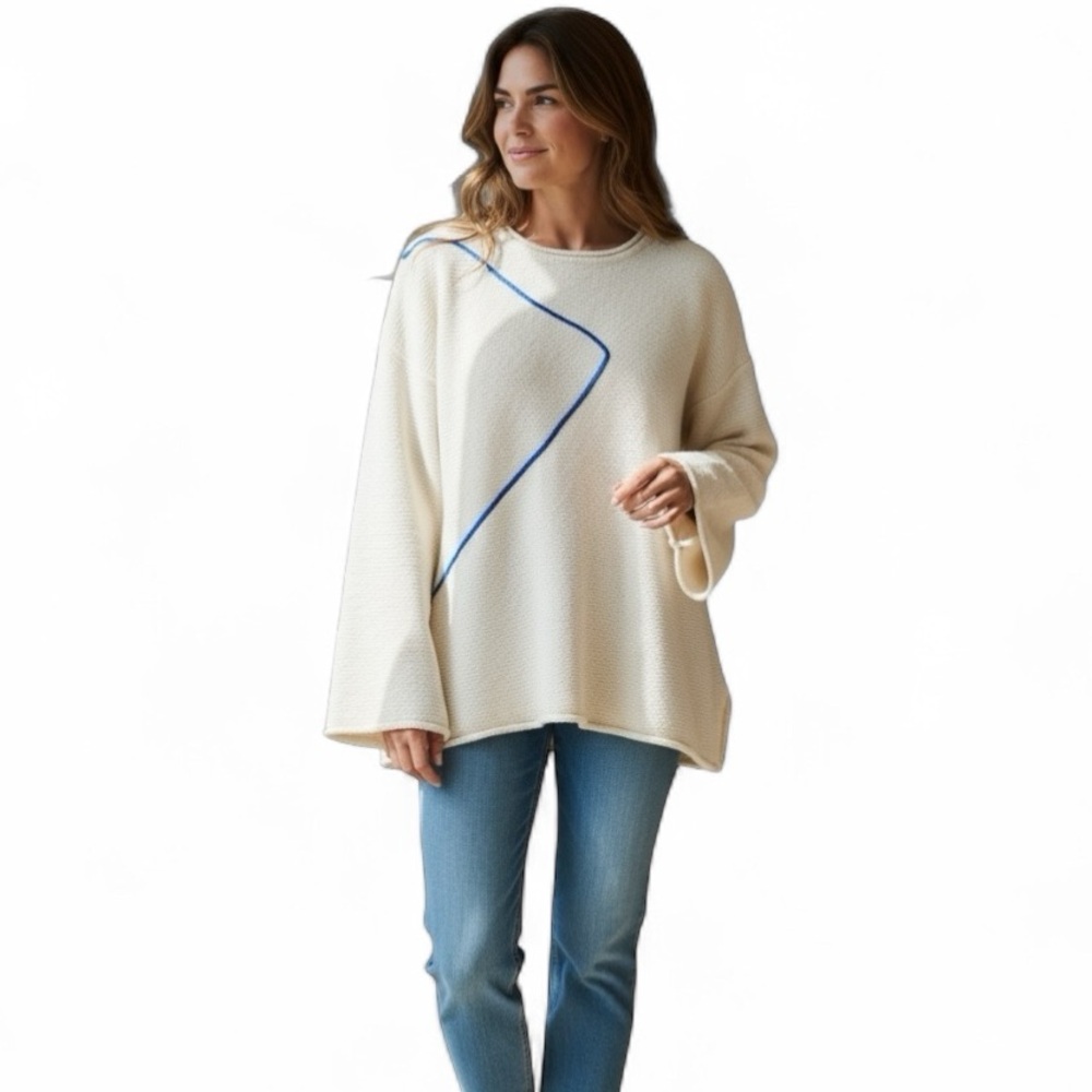 Jigsaw x Marcus James Cream White Quiet Luxury Pullover Sweater Blue Detail L